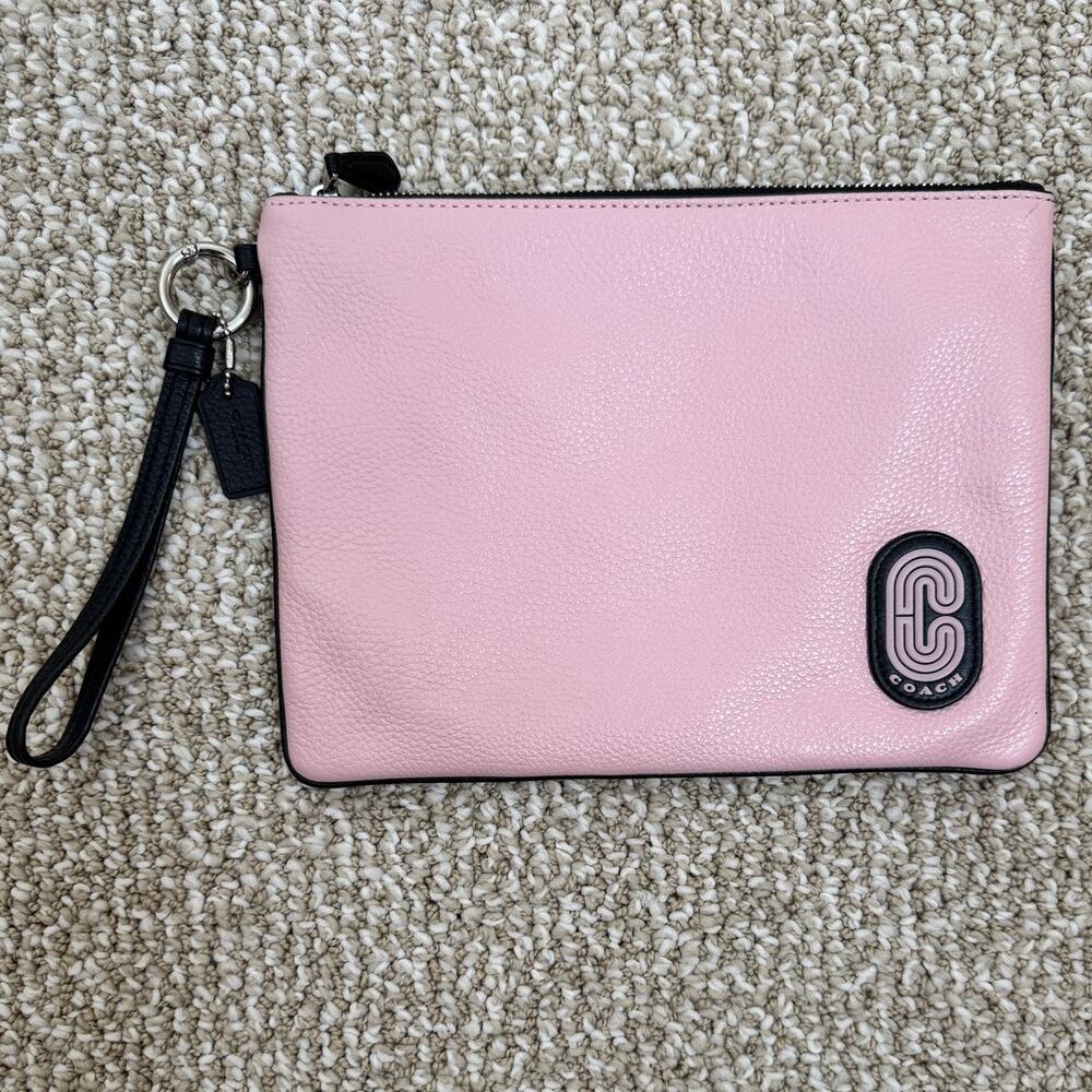 Coach Court Pebbled Leather Pink Black Zip Pouch Wristlet Clutch Wallet
